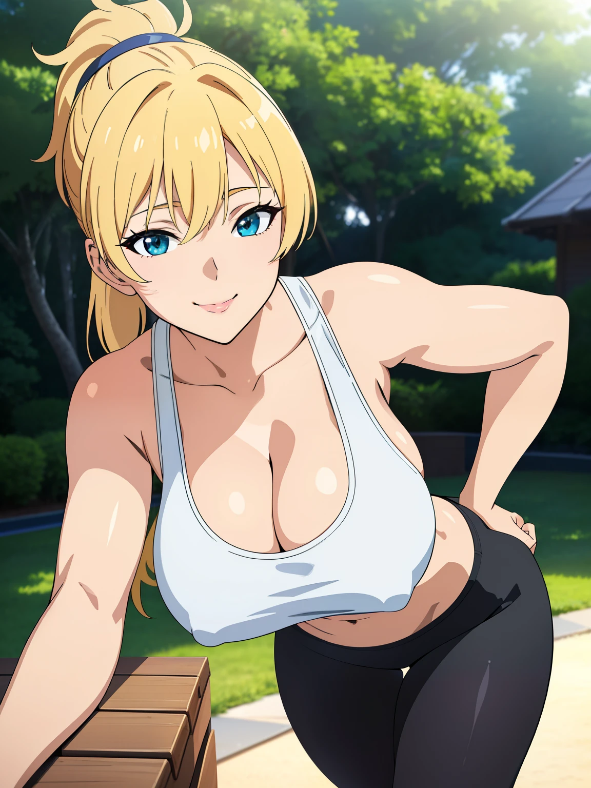 (best quality:1.5, highres, UHD, 4K, detailed lighting, shaders), blonde ponytail, busty, (pov, close shot), standing, sexy, erotic, lewd, seductive, cleavage, hard nipples, smiling, tank top, yoga pants, park background