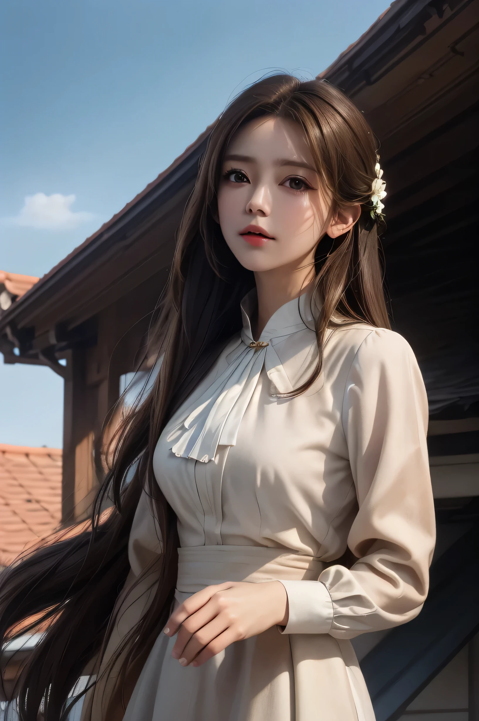 need,masterpiece,light brown hair,A cup breasts,outdoor,Blue sky,roof of the building,8K,white blouse,