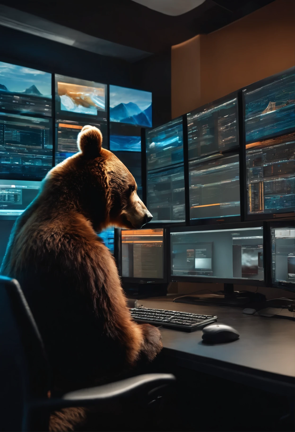 bear working in information technology in front of 3 screens