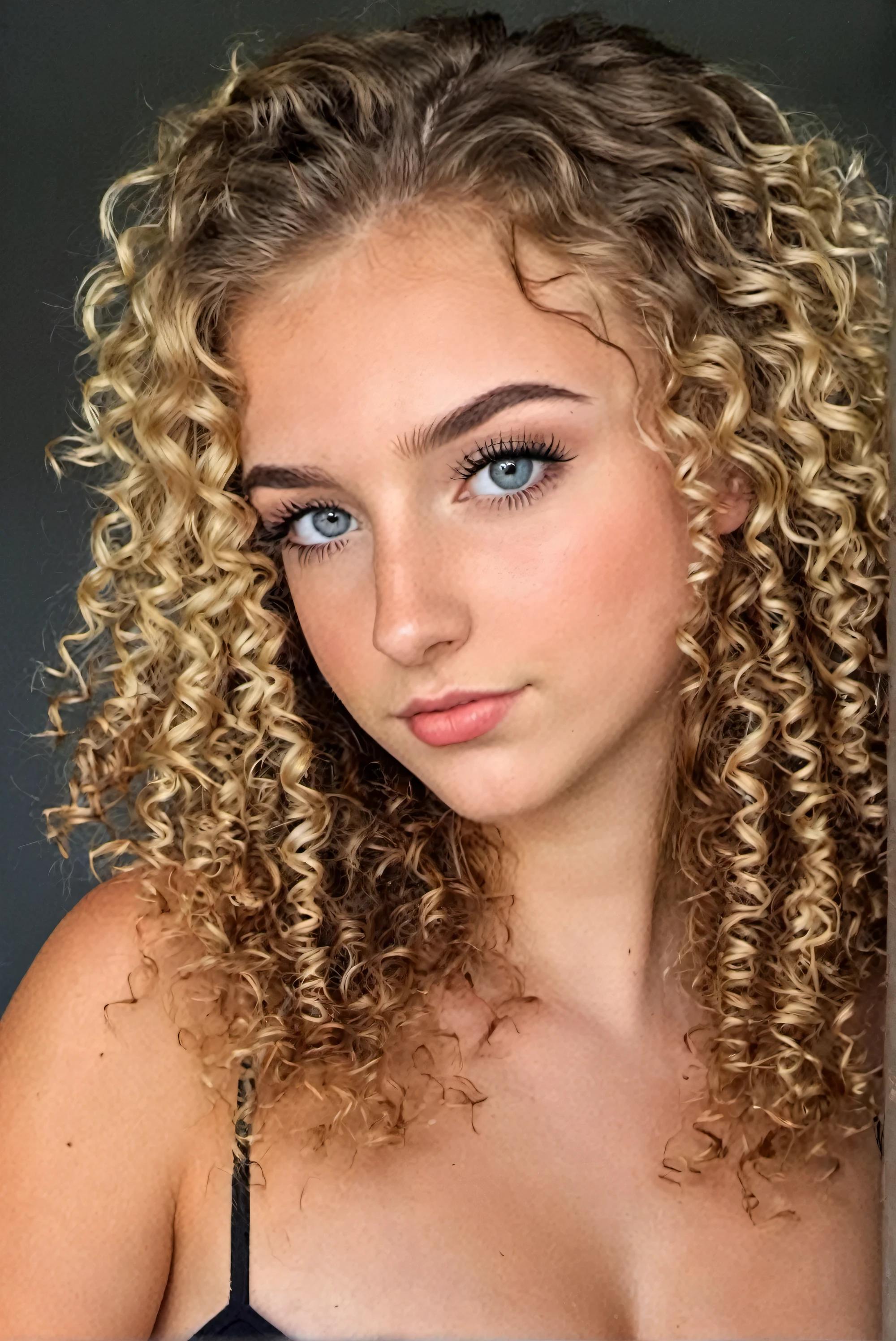 fille blonde 21 ans, taches de rousseurs, cheveux curly, boucle bonde, qualité de la photo, Realistic, mignonne, jeune, yeux verts, beau seins dans une robe noir, vue de face haute qualité, soft lighting, coucher de soleil