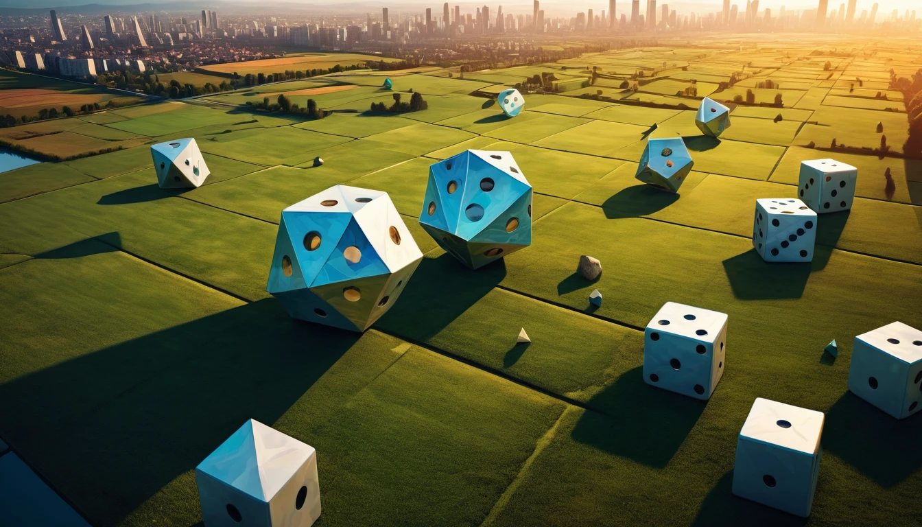 abstract,(huge geometric shape:1.5), huge polygonal dice,lies on a field,casts a shadow on the small city at its foot,artistic texture,dynamic lighting,mysterious atmosphere,modern art style,digital painting,symmetry,sharp angles,ultradetailed shape, contrasting shades,mesmerizing patterns,dreamlike perspective