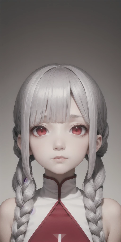 best quality, masterpiec ,gray hair, Red eyes,white clothes, looking up, upper body,hair strand,Fair skin,side braids