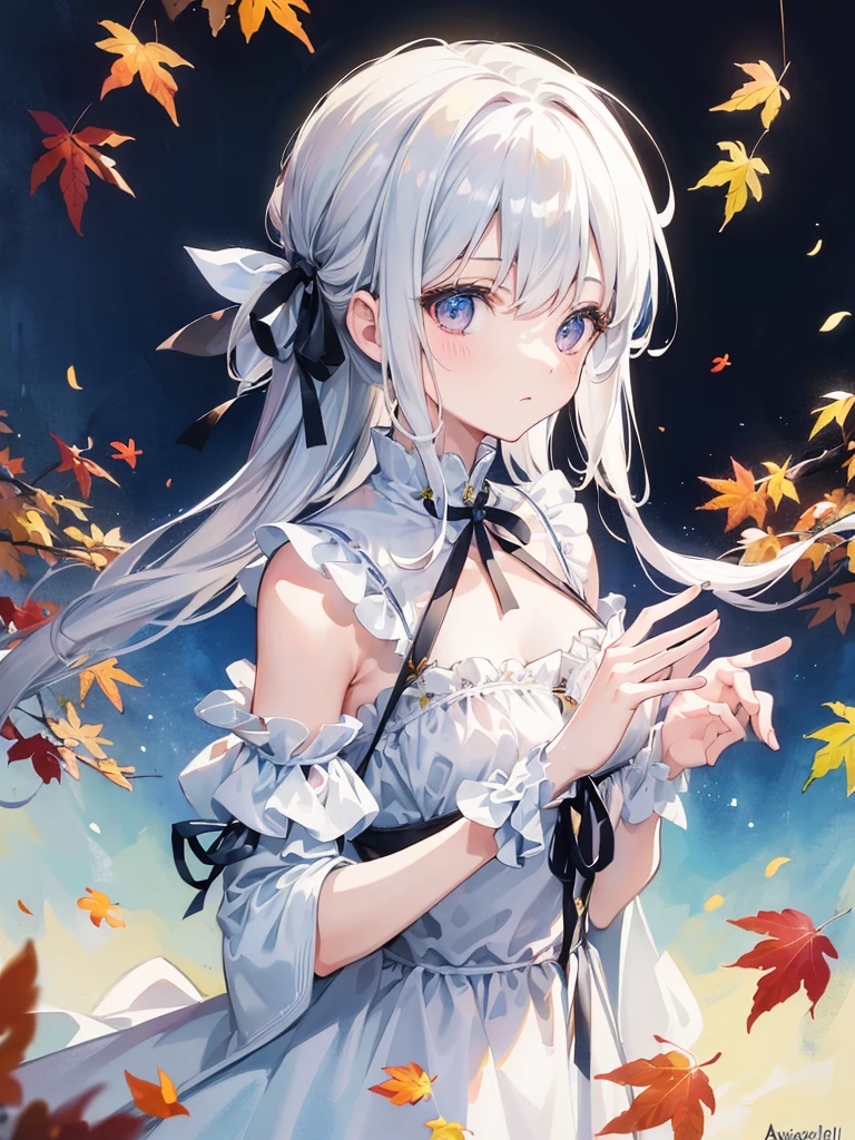 (8K, highest quality, masterpiece:1.2),(highest quality:1.0), (ultra high resolution:1.0), watercolor, beautiful woman, shoulder, hair ribbon, Written by Agnes Cecil, half body portrait, very bright bright design, pastel colour, (ink:1.3), autumn lights,