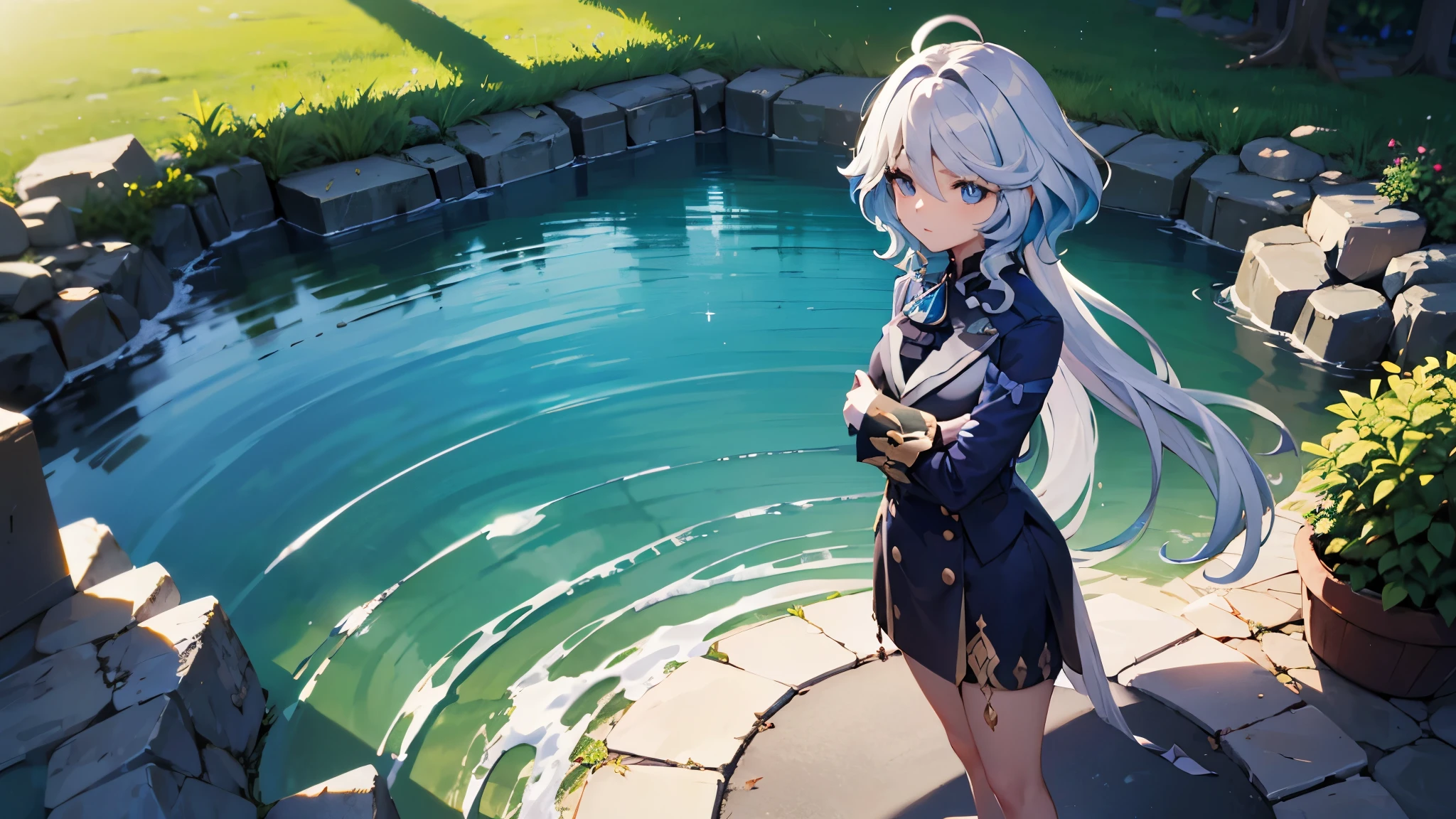 beautiful detailed eyes, flowing long hair, glowing skin, fashionable outfit, confident pose, peaceful atmosphere, vibrant colors, soft lighting, summer breeze, Furina standing on top of water in the middle of the lake, water reflection, big lake landscape, ultra realistic, sunny day, fountaine, cute, early twenties, blue uniform, middle of lake, lake stretching in the background,
