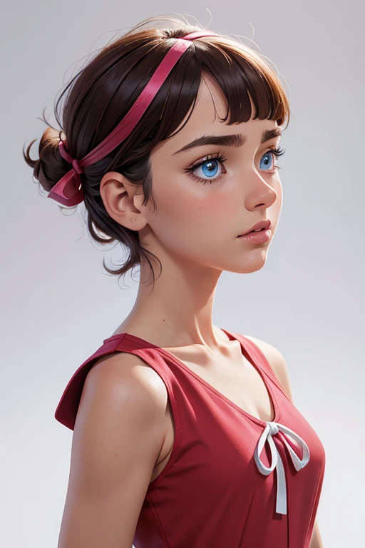 masterpiece, best quality, highres, serena (pokemon), short hair, blue eyes, 1girl, solo, blue ribbon, eyelashes, neck ribbon, sleeveless, bangs, collarbone, bare arms, pink dress , red coat, white background, front, no scenery, looking at the viewer,upper body, facing viewer, solid color background, clean background, facing the camera, high resolution, expressionless calm face, white back ground, looking away, simple_background