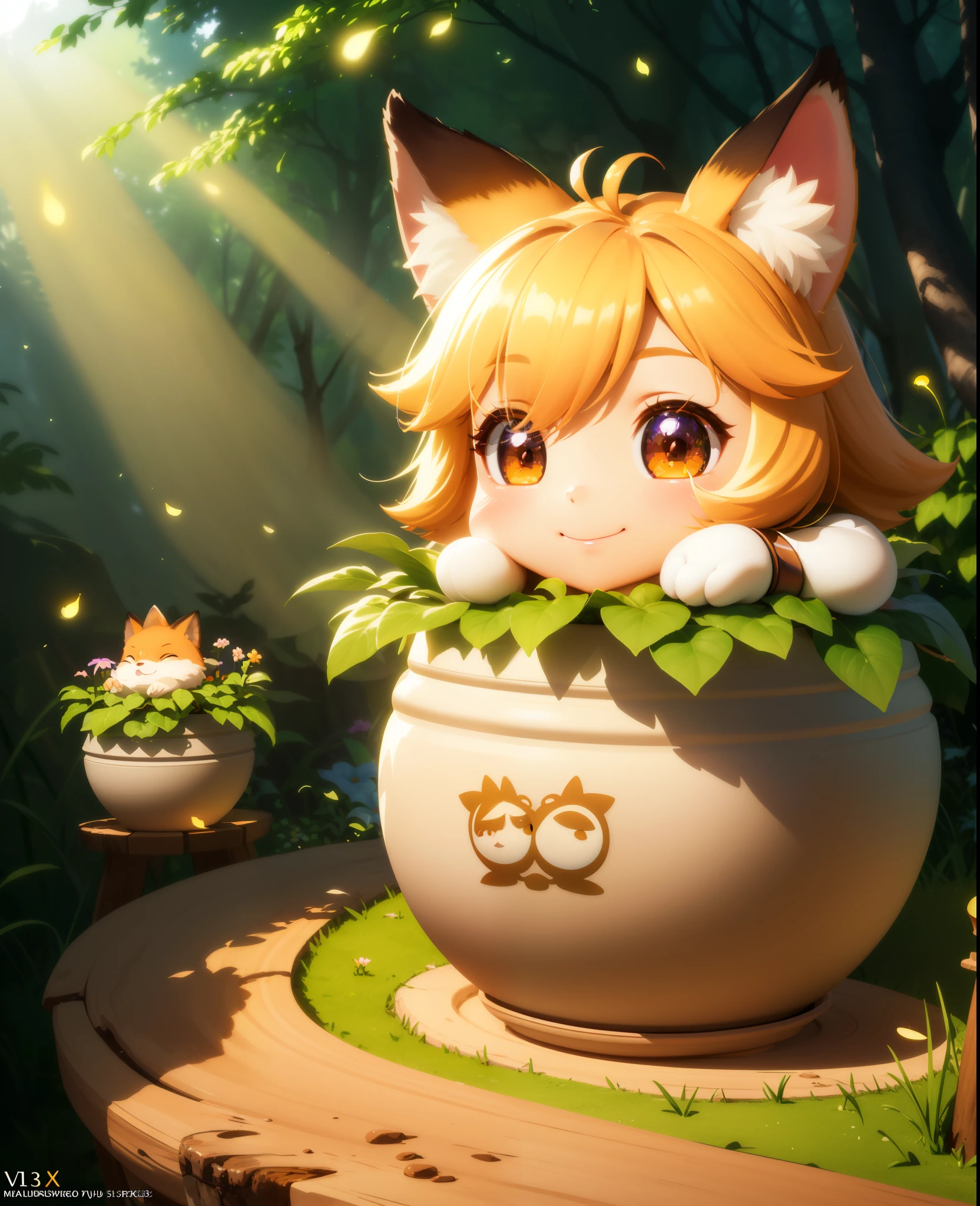 Kawaii fox, cute, cub, full moon night, forest, grass, flowers (((masterpiece, best quality; 1.3)), ultra detailed, 8k unity wallpapers, CG, ray tracing, illustration, colorful, cinematic shadow, extremely detailed and beautiful background, vhd, VRay Shadowing, RT)), masterpiece, hyper realistic, hyper detailed, best quality, 16k, light and shadow effect on skin, vivid colors)), cute smile , ((skin with light and shadow), inside a clay pot in the forest, head outside the pot, magical forest with fireflies