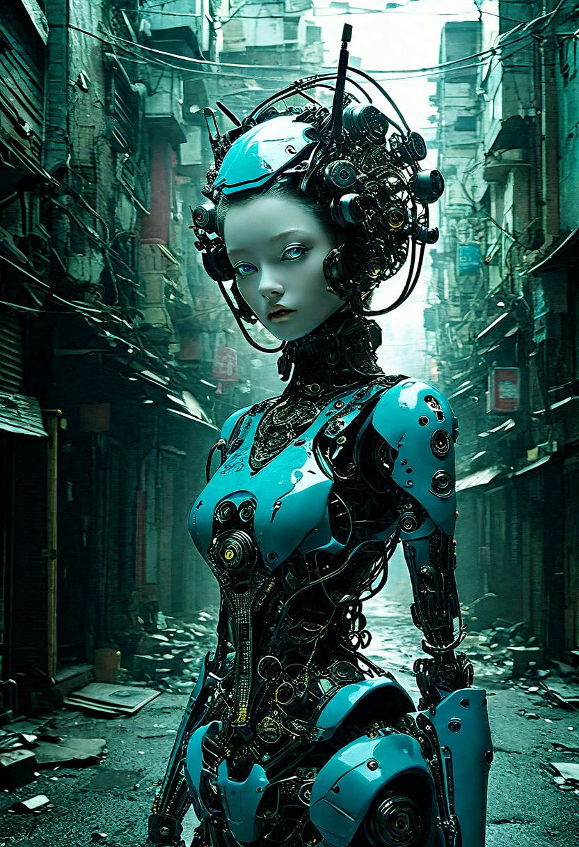 Full body photograph by Tim Walker. Little funny robot, porcelain face and head, big turquoise eyes, perfect eyes, best quality in neo-Harajuku style, embodying the mood of a post-apocalyptic world, intricate details of the robot, space outfit highlighted by sharp contrasting shadows, strikingly bright colors, atmospheric dust particles, scattered face, background of a decaying city, UHD digital rendering, a fascinating combination of fashion and dystopia. eerie atmosphere, fusion, horror, Japanese townscape, long neck, robots, v 6. full body shot three quarter view --ar 9:16 --stylize 750
