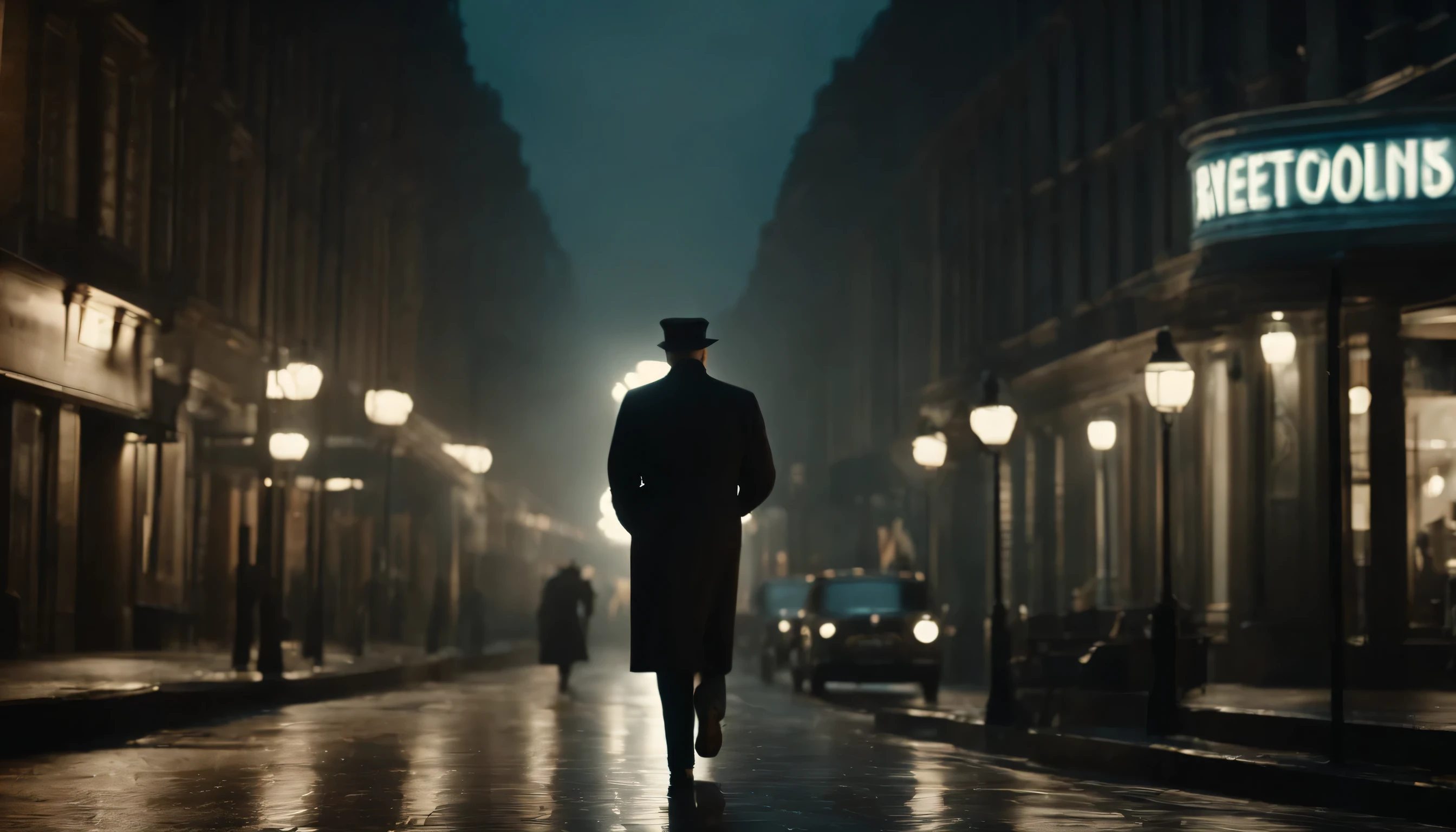 Capture the essence of George Orwell strolling through the streets, reflecting the era with a blend of futuristic and vintage elements.