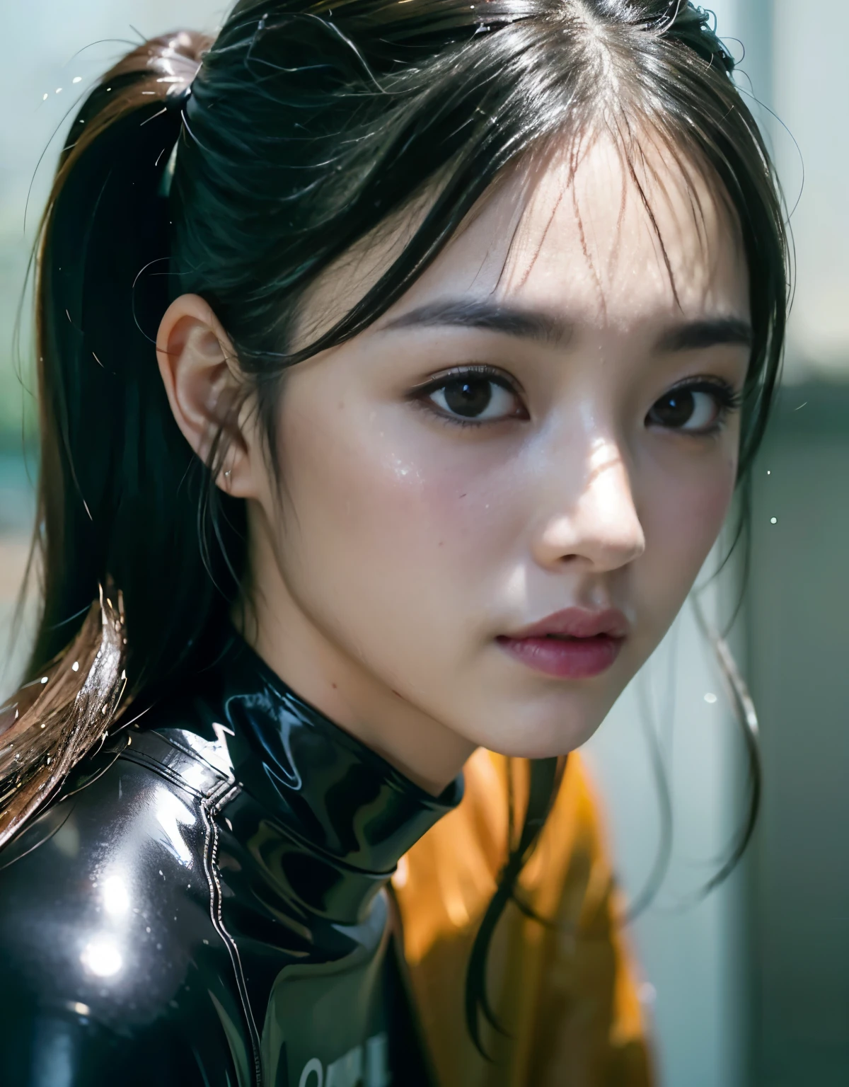 (1 girl)、highest quality、masterpiece、超A high resolution、(Photoreal:1.4)、Raw photo、1 girl、wet hair、sweating、(Zhao is wearing a wet suit made of latex)、Female Divers、long sleeve,、Latex gloves、Portrait、Shadow、octane rendering、8K、super sharp、Metal、intricate decorative details、City Details、very intricate details、realistic light、(mysterious look)、shining eyes、towards the camera、Small LED、Close-up