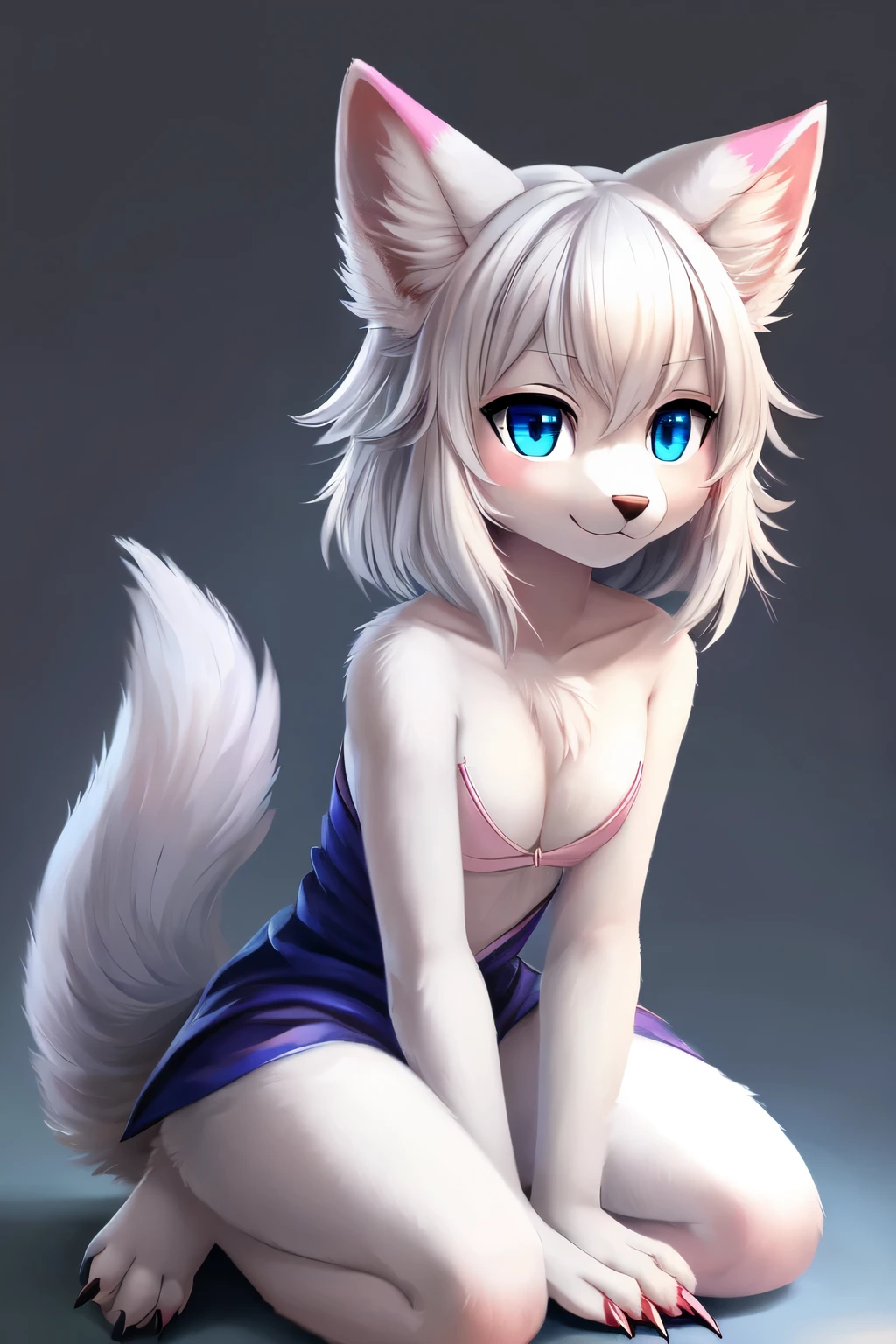 A cute little grey wolf。white hair。pink ears，blue eyes，Sharp claws，Sitting prone，The body stands upright，Tail tilted to one side。The background is solid gray，personification，Furry painting style