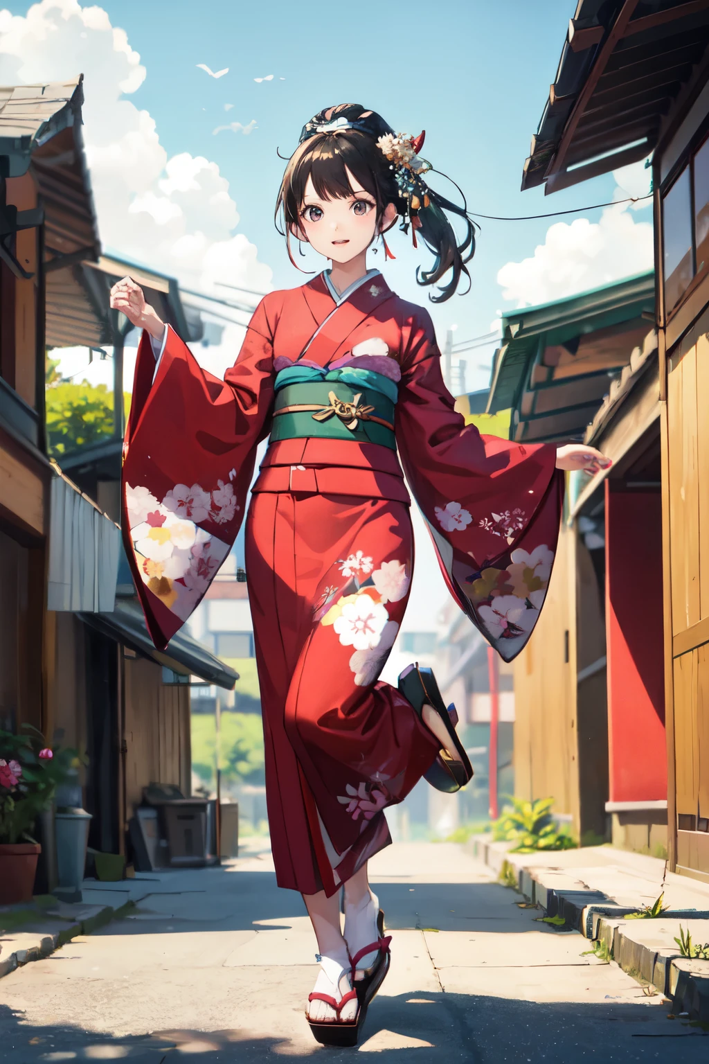 kimono,Taking steps,outdoor,((highest quality)), ((masterpiece)), (be familiar with), perfect face