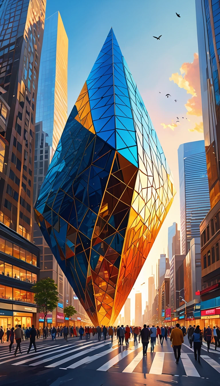 abstract, realistic digital painting, uhd, sharp focus, vibrant colors, bustling streets, busy traffic, people walking and shopping, modern architecture, one giant geometric shape skyscraper reaching the sky,(giant geometric shape:1.5) , vibrant atmosphere, clear blue sky, golden hour lighting, bird's eye view on giant geometric shape skyscraper