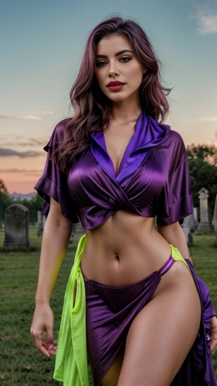 the woman in full photo looks like Melissa Barrera, with rougehead long hair, Tout en courbes, corps voluptueux, ((robe moulante violette brillante, Foulard vert NEON, porte-jarretelles bas vert fluo)), robe violette, yeux parfaits, rouge, high resolution, high quality, maigre, photoRealistic, Realistic, ((chef-d'artwork)), rouge lips, Erotic smile. scary cemetery in the background