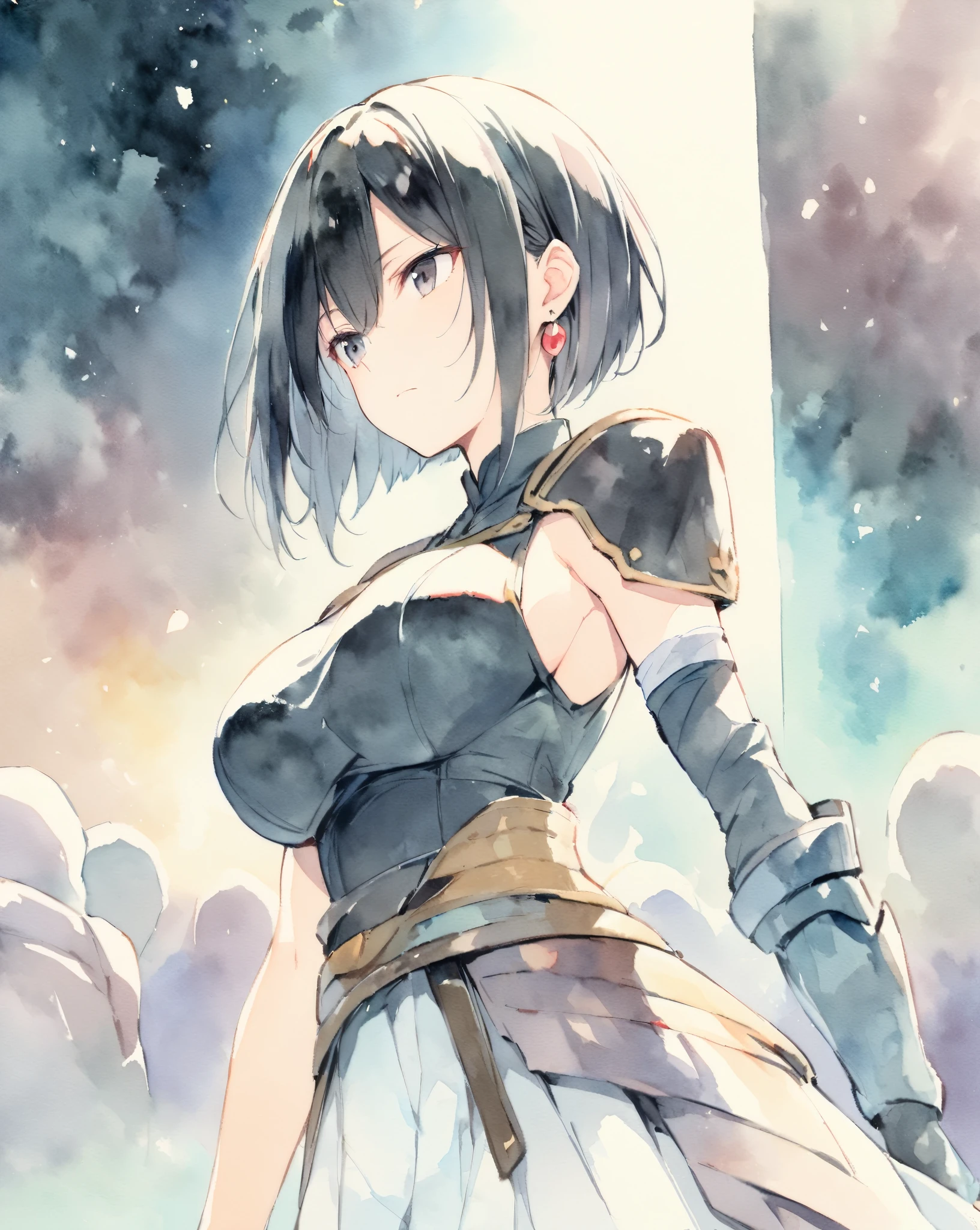 (masterpiece:1.2), (highest quality:1.2), Upper body, perfect eyes, perfect face, perfect lighting, mountainous horizon, 1 girl, 1 boy, black hair, blue eye, ((very short back hair)), blunt bangs, cute eyes, Medium chest , ((From the side)),From above, closed mouth, vivid description,orgasm, I was scared, Ahegao, smile+Happy, tooth, anger, From the side, sitting, (((white bikini armor))), ((disdain)),