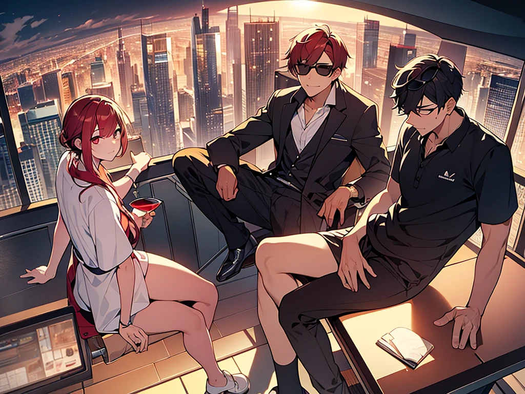 (masterpiece:1.3), (High resolution), (8K), (very detailed), 2boy, 2young people, backwards, The background is the city at sunset, backwards, The background is the city at sunset, ベンチでsit, Bad friend and a young man with asymmetrical wine-red hair wearing sunglasses, sit and Black-haired young man sit