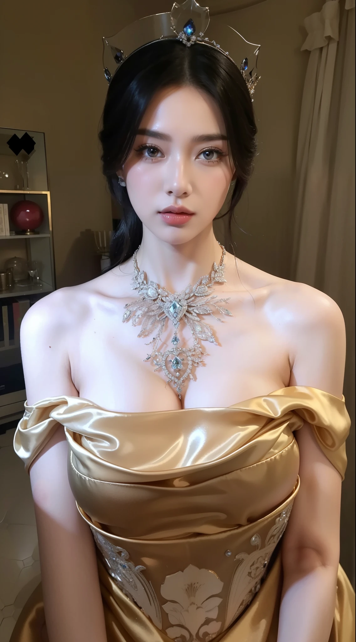 Royal sister,exquisite eyes,ice queen,put the crown on your head,Detailed facial expressions body,tall figure,Gorgeous,Leg length,4K,HD,Sensual,translucent lace,白皙plump figure,pretty face,Little cherry mouth,beautiful and delicious(3D royal sister),plump figure,gloss gel coat,Queen in luxurious dress,Crystal Gem Crown,Necklace jewelry,black tattoo(whole body),The tattoo is very three-dimensional,Gorgeous and intricate tattoo designs,tattoo queen,8k超HD,Wearing golden silk,Wear gorgeous jewelry