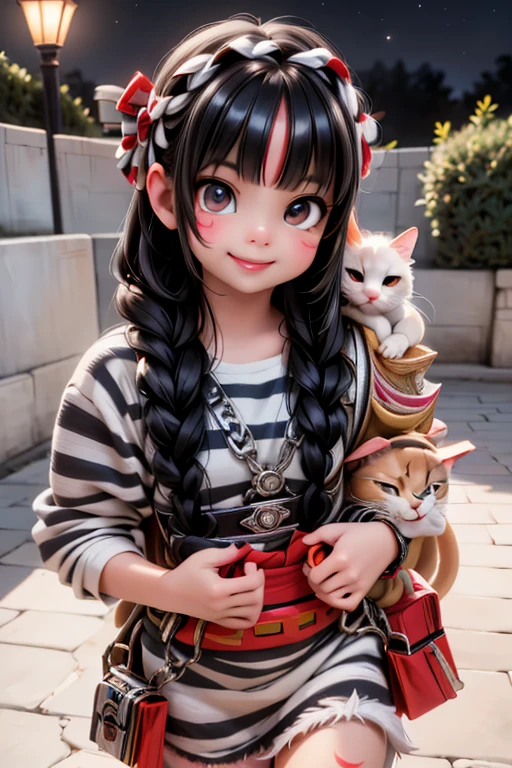 a cute mexican girl smiling carrying snakes with her, face painted with red white and black stripes, mexican indigenous dress, beautiful sandals, aztec piramid at night