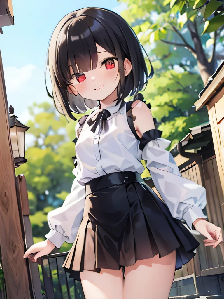 masterpiece, highest quality, 1 girl, alone, private server,No sleeve,mini skirt, outdoor,red eyes,smile, blush,black hair bob,sexy face,Cheeky smirk,mischief,spring,flower,Does not show fingertips,hide your hands,holiday