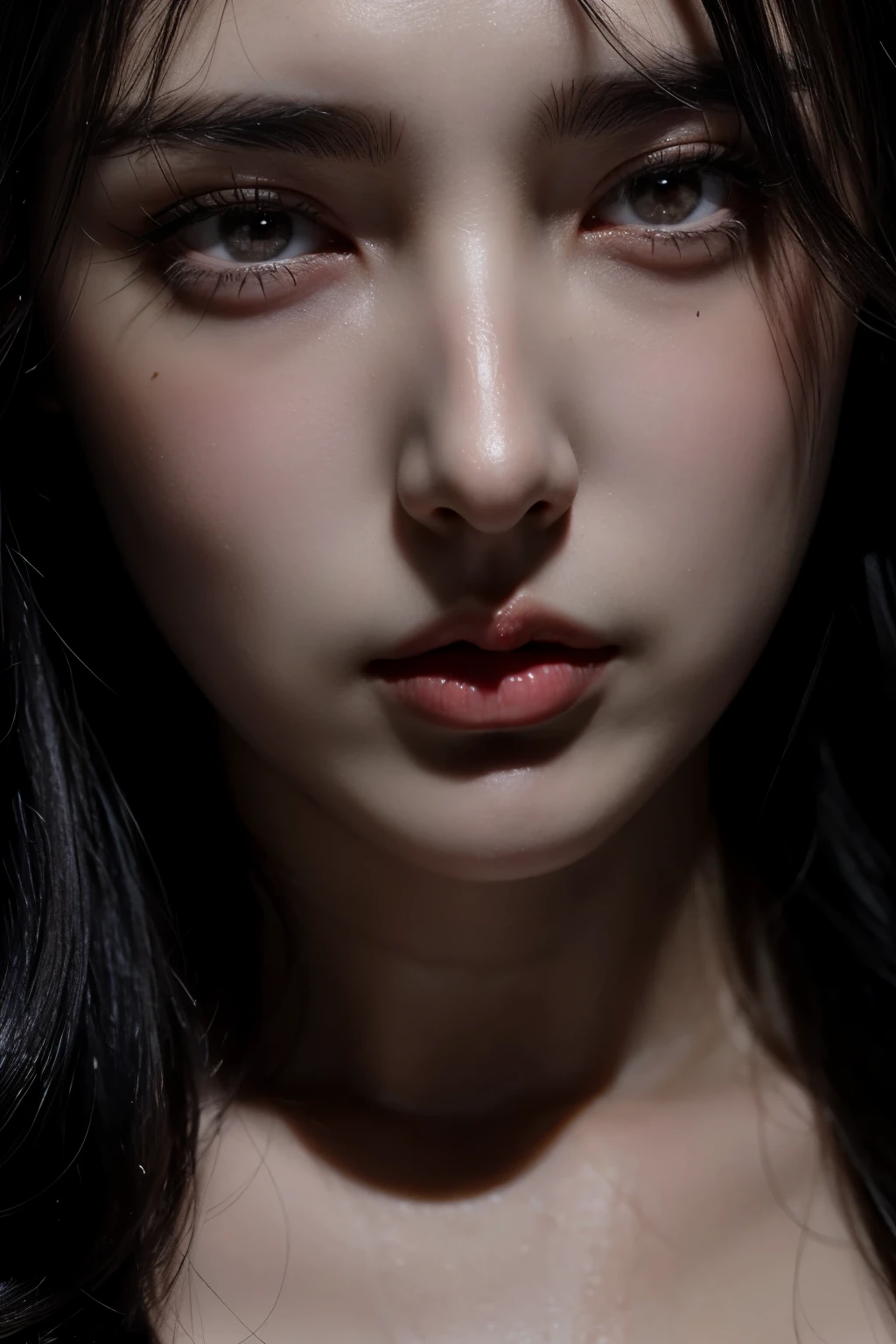Curvy Monica Bellucci women black hair very close up face short creepy look