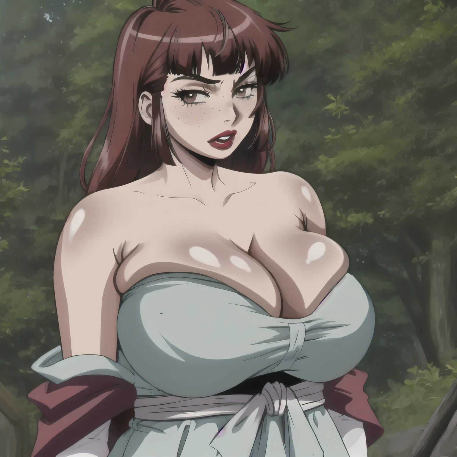 masterpiece, detailed, beautiful, 1girl, mature female, milf, (looking at viewer:1.2), blushing, black eyeliner, body facing viewer, facing viewer, full body, closed mouth, shy, tsundere, standing, outside in a forest, (red hair:1.2), bob cut, long bangs, (freckles:1.2), brown eyes, chubby, pale skin, wide waist, voluptuous hips, thick thighs, full lips, (Dark Red lipstick:1.2), massive saggy breasts, massive round ass, giant areolae, black, patterned Japanese clothes, skirt, black sarashi, black fundoshi, off shoulder.