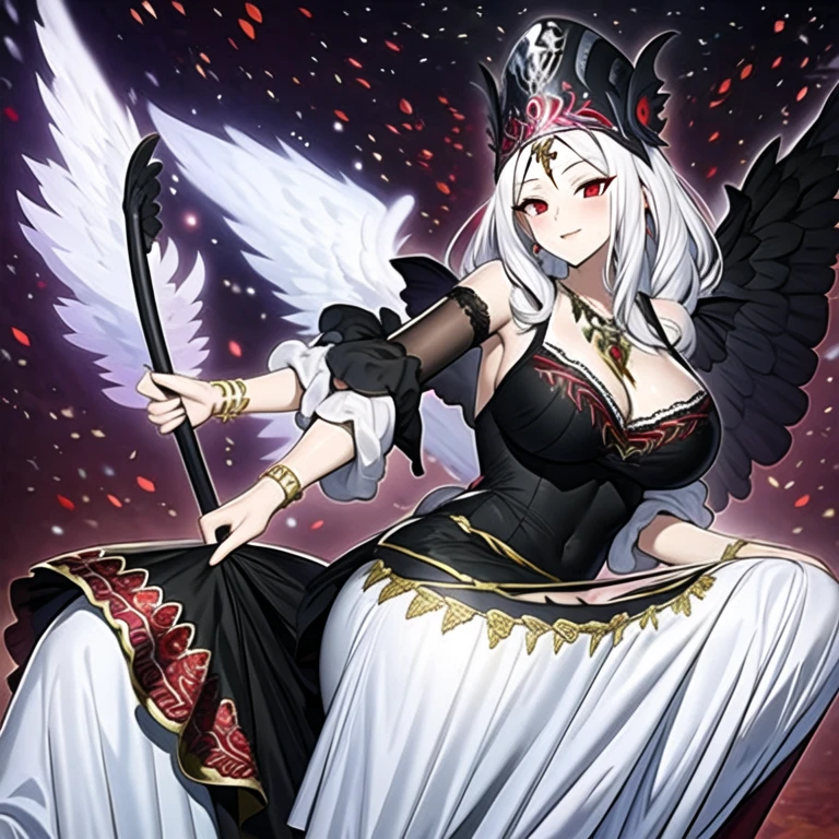 (masterpiece, best quality:1.2), 1girl, solo, white hair, black dress, long dress, anime style, purple background, angel wing, devil wing, bare shoulders, red eyes, black headwear, goddess of chaos