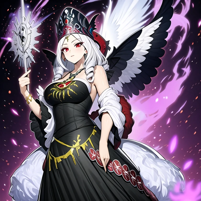 (masterpiece, best quality:1.2), 1girl, solo, white hair, black dress, long dress, anime style, purple background, angel wing, devil wing, bare shoulders, red eyes, black headwear, goddess of chaos