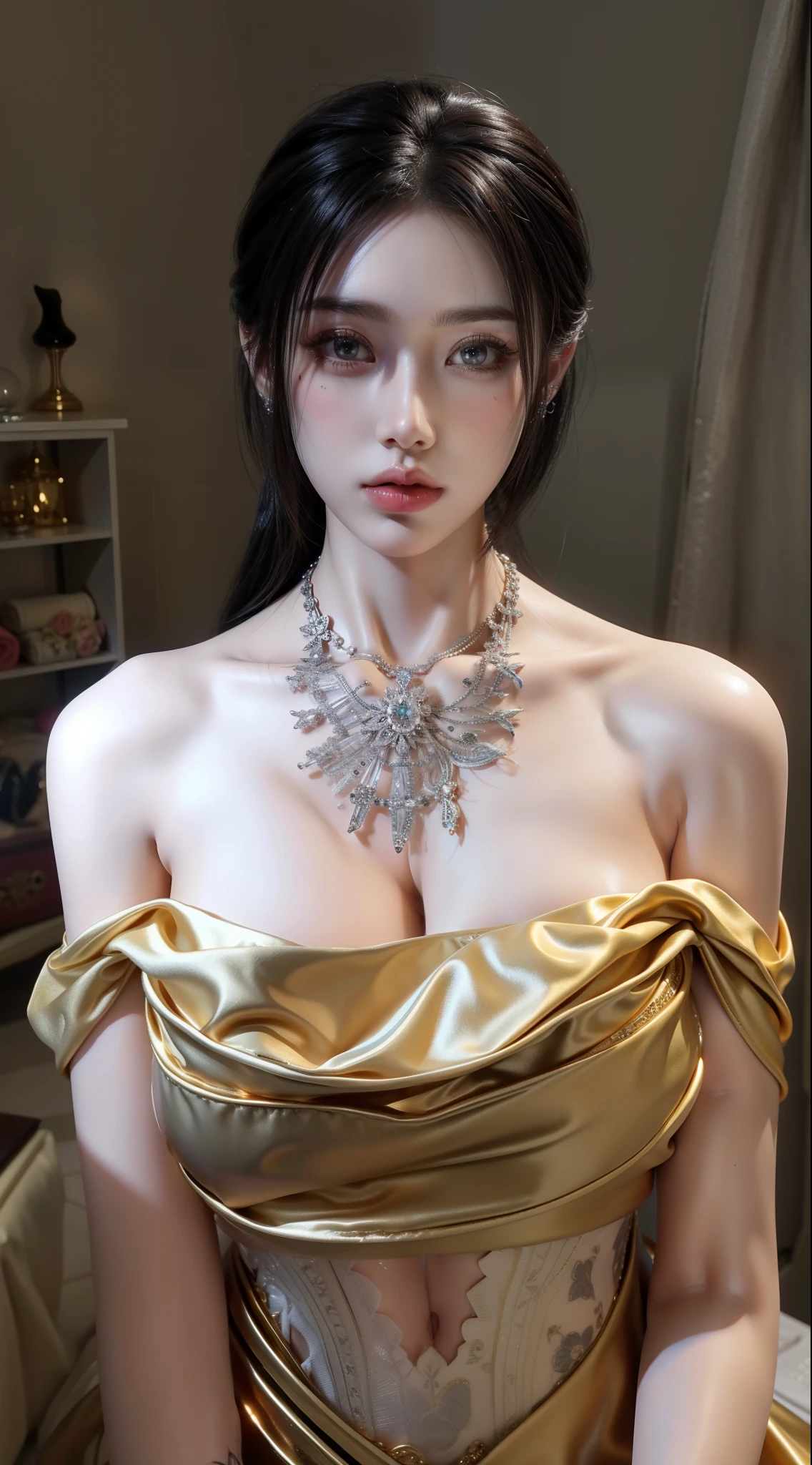Royal sister,exquisite eyes,ice queen,put the crown on your head,Detailed facial expressions body,tall figure,Gorgeous,Leg length,4K,HD,Sensual,translucent lace,白皙plump figure,pretty face,Little cherry mouth,beautiful and delicious(3D royal sister),plump figure,gloss gel coat,Queen in luxurious dress,Crystal Gem Crown,Necklace jewelry,black tattoo(whole body),The tattoo is very three-dimensional,Gorgeous and intricate tattoo designs,tattoo queen,8k超HD,Wearing golden silk,Wear gorgeous jewelry