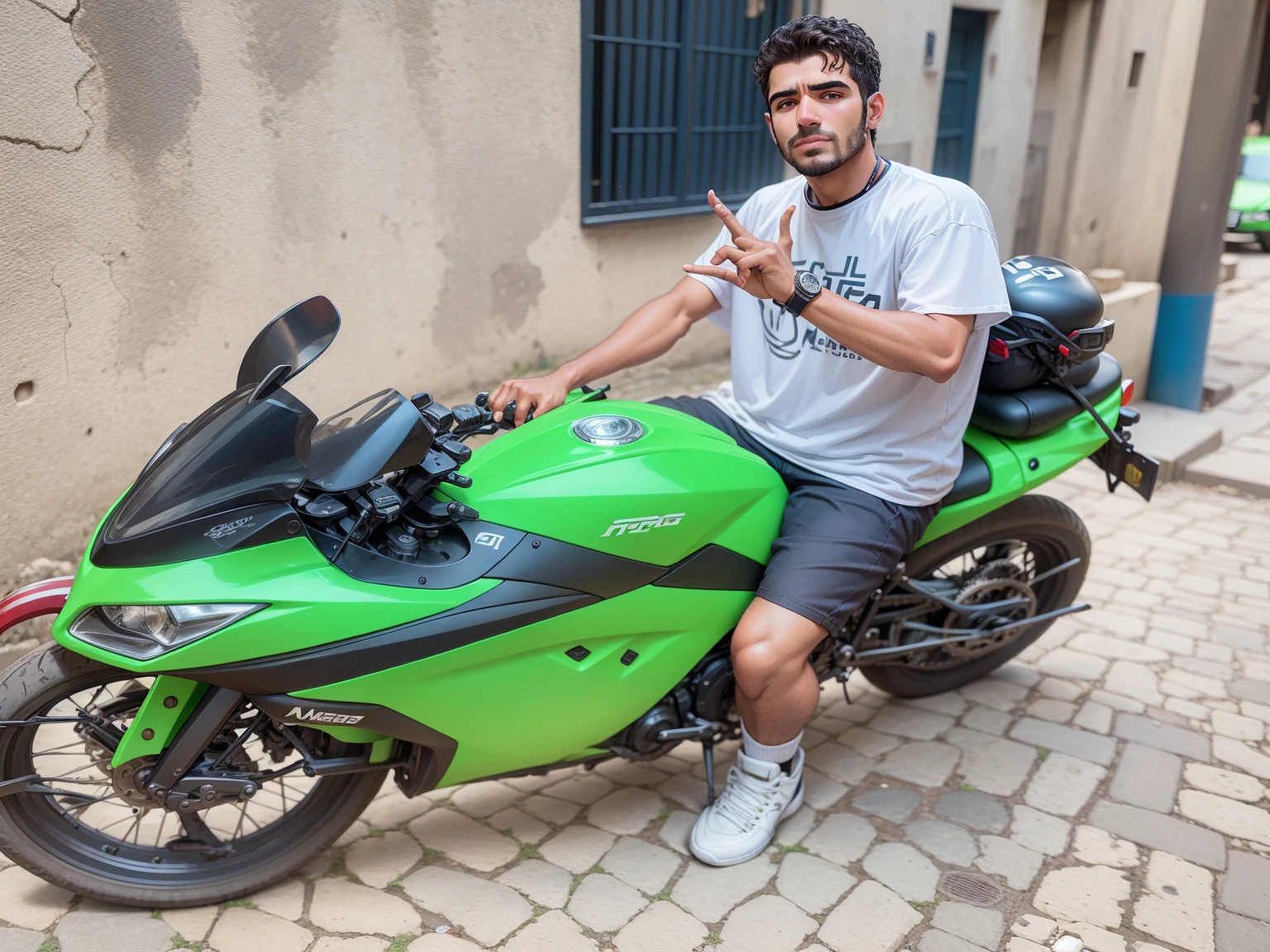 arafed man sitting on a verde motocicleta on a cobblestone street, #verde, Mohammed Chahin, caio santos, ๐ฟ๐๐, Ahmed Merheb, amr elshamy, ๐๐คก, Riyad Cassiem, sitting on a motocicleta, emad mostaque, ismail, motocicleta verde, I agree with you, cr3, moto