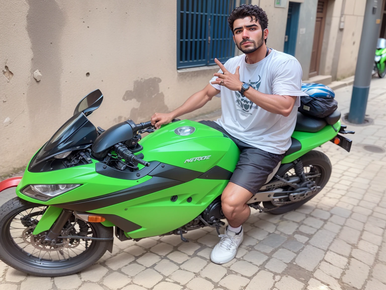 arafed man sitting on a verde motocicleta on a cobblestone street, #verde, Mohammed Chahin, caio santos, 🚿🗝📝, Ahmed Merheb, amr elshamy, 🔞🤡, Riyad Cassiem, sitting on a motocicleta, emad mostaque, ismail, motocicleta verde, I agree with you, cr3, moto