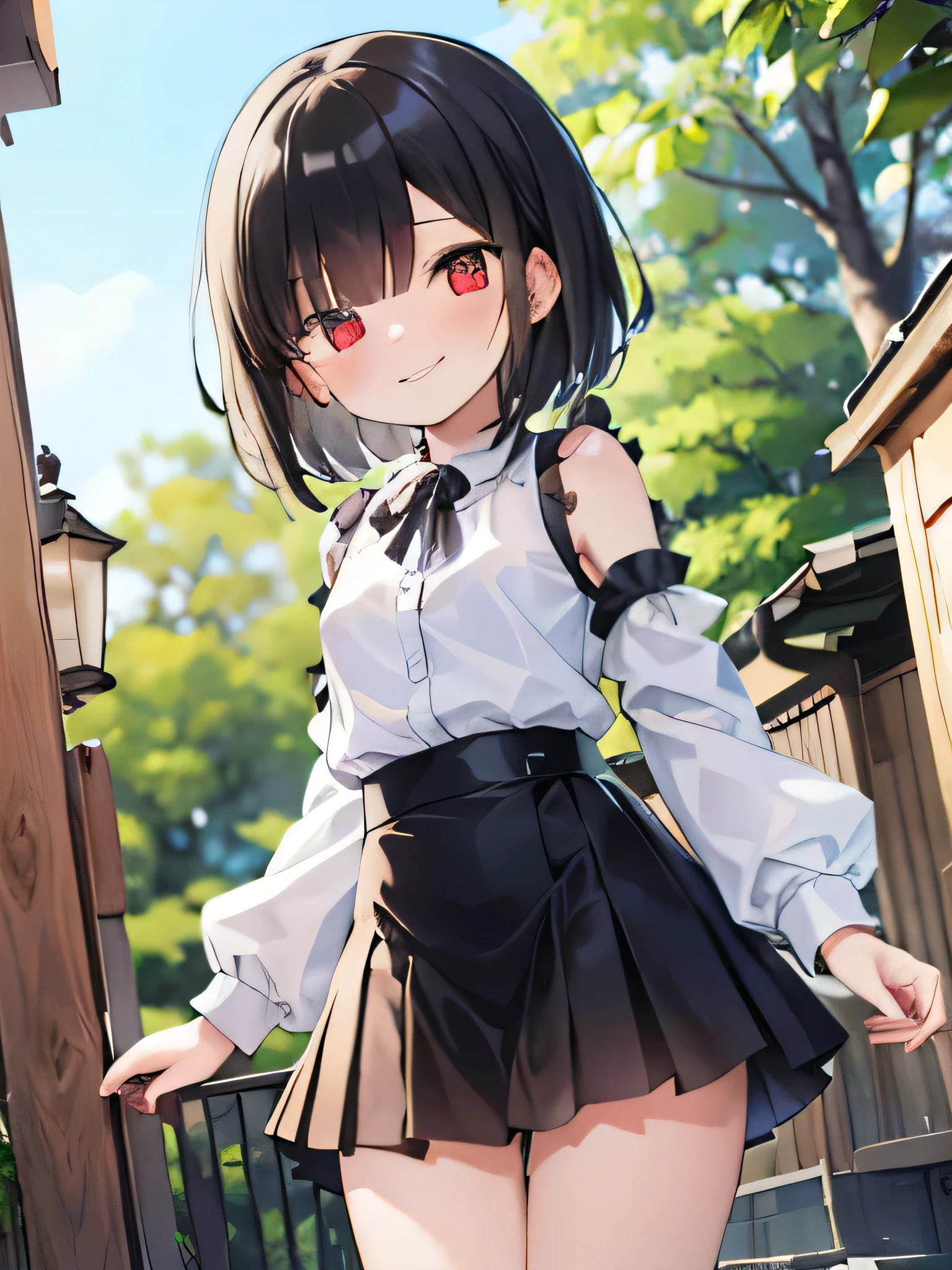masterpiece, highest quality, 1 girl, alone,  private server,No sleeve,mini skirt, outdoor,red eyes,smile, blush,black hair bob,sexy face,Cheeky smirk,mischief,spring,flower,Does not show fingertips,hide your hands,holiday