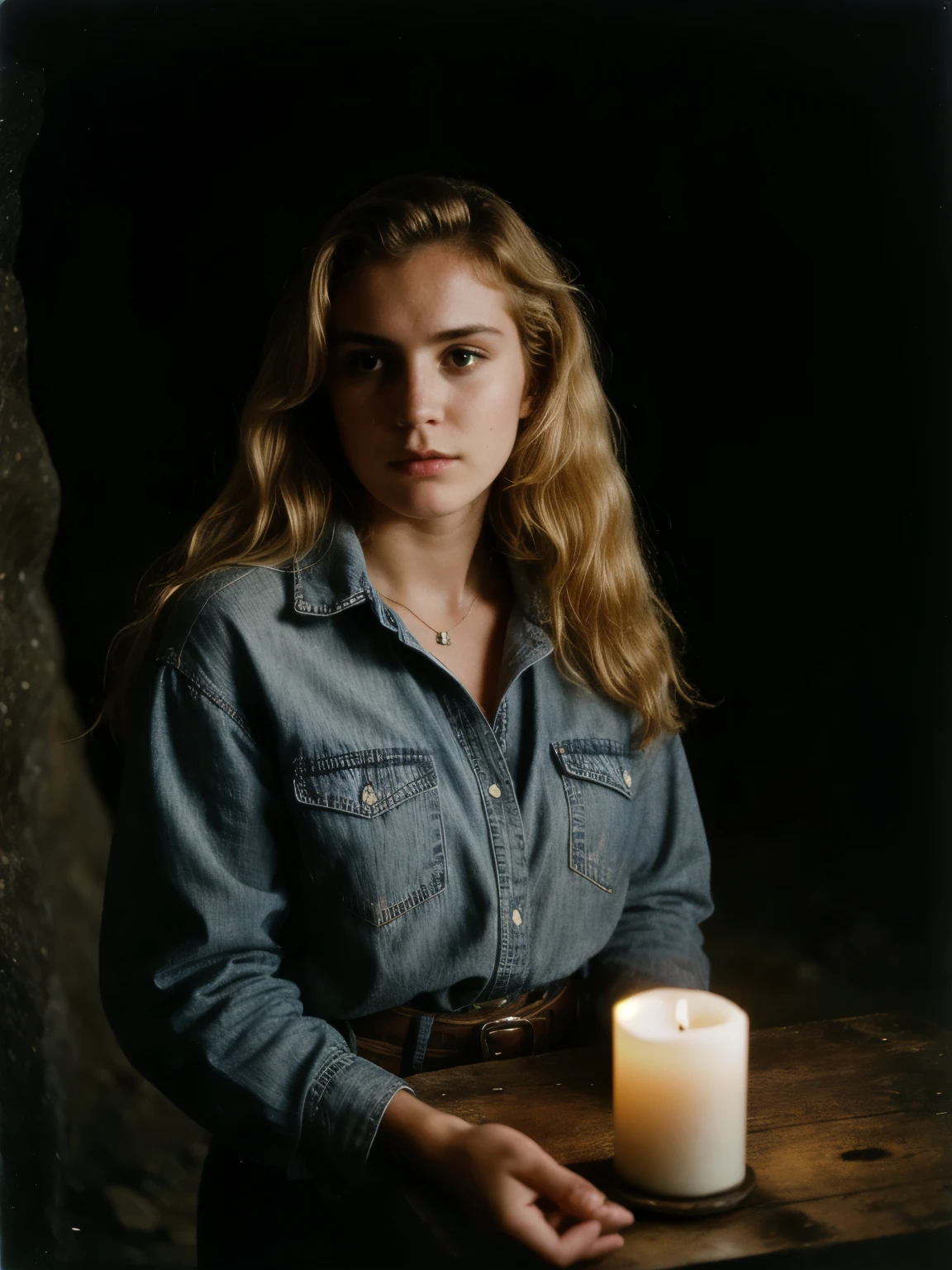 photograph of a woman, (troubled facial expression), textured skin, goosebumps, blonde afro hair, plaid flannel shirt with distressed boyfriend jeans, cowboy shot, dark and mysterious cave with unique rock formations and hidden wonders, perfect eyes, (candlelight,chiaroscuro), Porta 160 color, shot on ARRI ALEXA 65, bokeh, sharp focus on subject, shot by Don McCullin