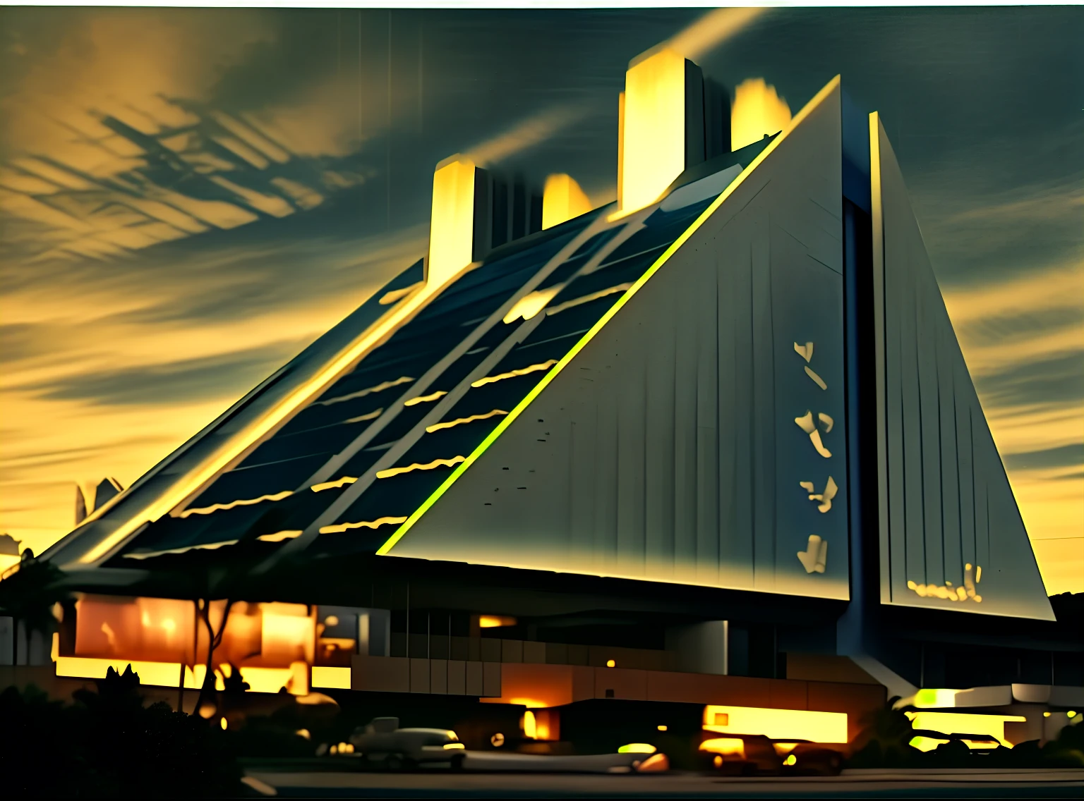 A building in Arafed with solar panels on top., Futuristic Church, Googie Architecture, Brutalist architecture, Brutalist Aztec architecture, Brutalist International Futurist, Oscar Niemeyer, Modern technology building, Ned M. Seidler, futuristic Utopian architecture, Solarpunk architecture, Expo &#39;70 in Japan, Utopian architecture