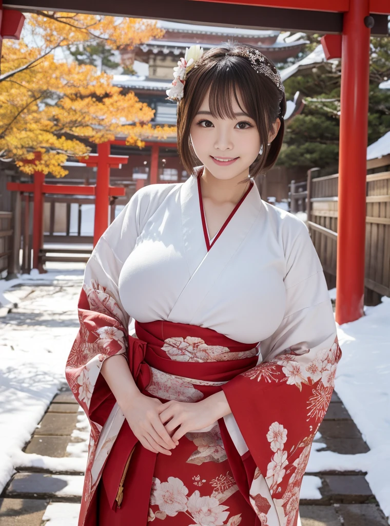 shrine、sunny winter weather、the leaves wither and fall、It's snowing all around、snow covered plants、kimono、Plain white kimono exposing the chest、The skirt part is red、Miko、Standing in front of the torii gate with the shrine behind、 Sakimi-chan,, nice and cute, innocent smile, , nice smile, Sakimi-chan Hdri、 big breasts、,(はちきれそうなbig breasts:1.20),(beautiful big breasts 1:1)、brown hair、brown hairの髪、Floral ornament on the head、beautiful eyes、 With short bob