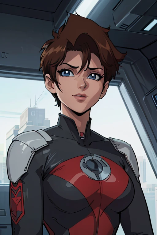 (artwork, Best quality, absurd, 4K, aesthetics, perfect eyes, perfect face, detailed, intricate, Perfect Lighting) 1 girl with fair skin, short hair thrown to the dark left side, wears a red and black futuristic bodysuit, queen of an alien race, warrior, gentle smile