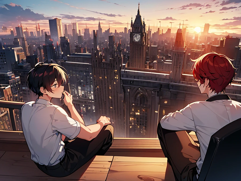 (masterpiece:1.3), (High resolution), (8K), (very detailed), 2boy, 2young people, backwards, The background is the city at sunset, backwards,turned my back, The background is the school rooftop at sunset, ベンチでsit, Bad friend and a young man with asymmetrical wine-red hair wearing sunglasses, sit and Black-haired young man sit