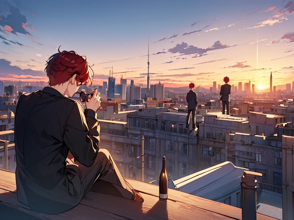 (masterpiece:1.3), (High resolution), (8K), (very detailed), 2boy, 2young people, backwards, The background is the city at sunset, backwards,turned my back, The background is the school rooftop at sunset, ベンチでsit, Bad friend and a young man with asymmetrical wine-red hair wearing sunglasses, sit and Black-haired young man sit