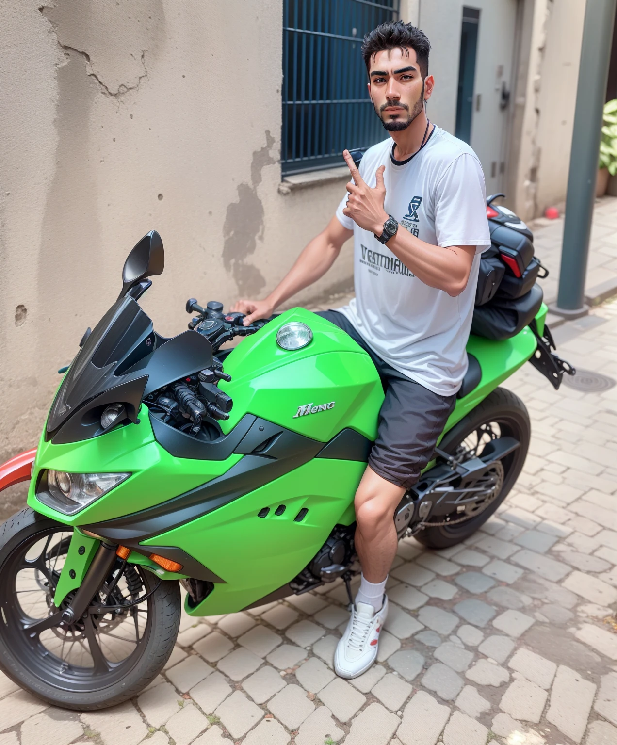 arafed man sitting on a verde motocicleta on a cobblestone street, #verde, Mohammed Chahin, caio santos, 🚿🗝📝, Ahmed Merheb, amr elshamy, 🔞🤡, Riyad Cassiem, sitting on a motocicleta, emad mostaque, ismail, motocicleta, I agree with you, cr3, moto there is a man sitting on a motorcycle on the street, sitting on a motorcycle, motorbiker, shot on nikon d 3 2 0 0, riding a motorcycle, portrait shot 8 k, akira moto, motorcycle, green kawsaki, taken with sony alpha 9, sitting on cyberpunk motorbike, photoshot, taken with sony a7r camera, photo - shot