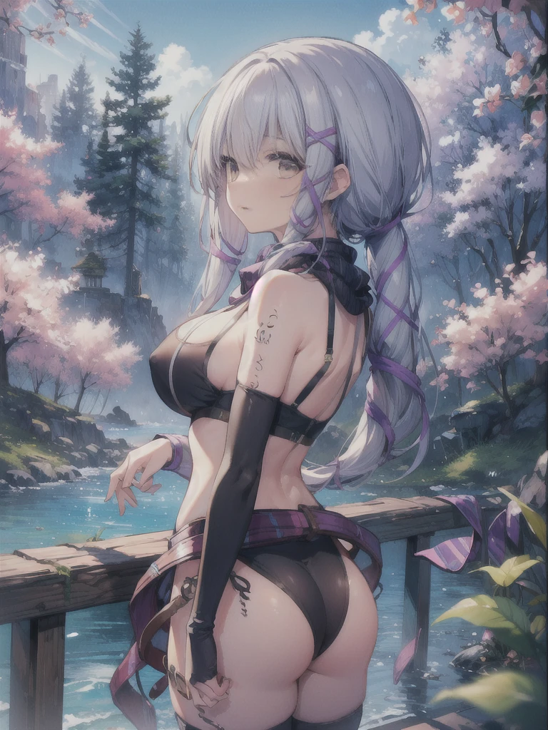 (NSFW:1.2),masterpiece, highest quality, full body,BREAKEmphasis on the buttocks、Embarrassing Expression BREAK(Claire Rathbird, long ponytail, hair ribbon, Striped scarves, black micro bikini、huge breasts、black sports bra、wide open cleavage)BREAKA lake in the forest、The sun is shining through the trees.