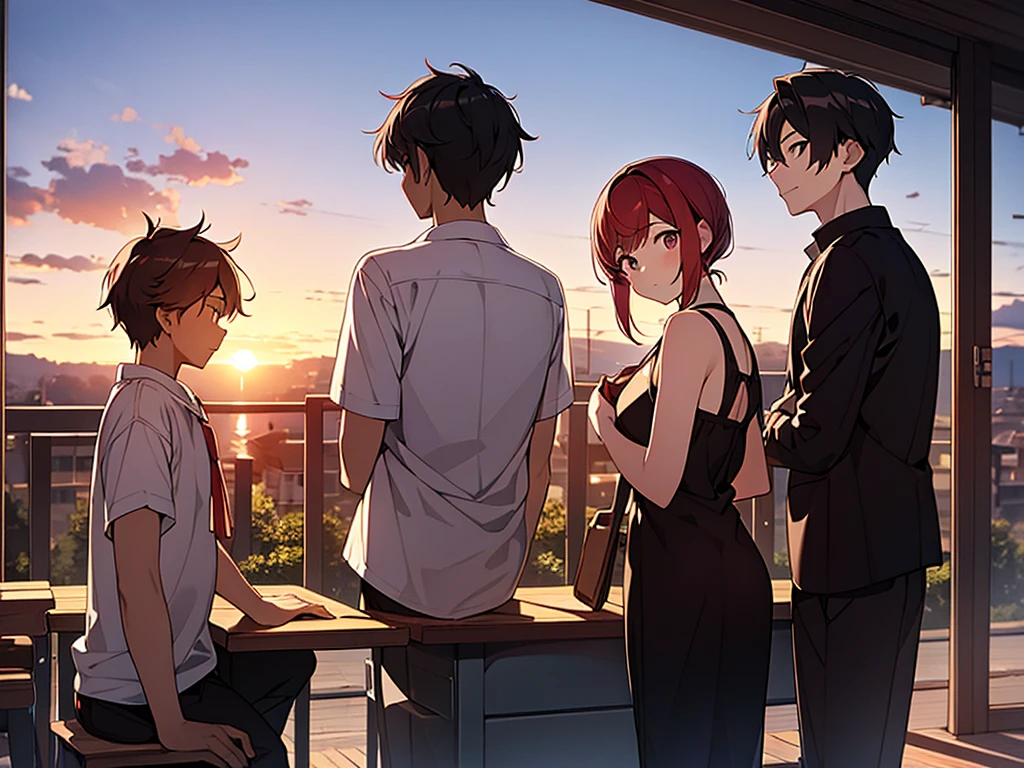 (masterpiece:1.3), (High resolution), (8K), (very detailed), 2boy, 2young people, backwards, Sunset in the backgroundの街中, backwards,turned my back, Sunset in the background, The background is the roof of the school, ベンチでsit, Bad friend and a young man with asymmetrical wine-red hair wearing sunglasses, sit and Black-haired young man sit