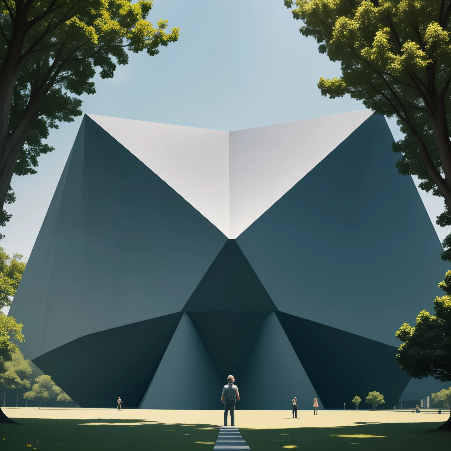 (Giant Geometric Shape, Masterpiece, Top-quality, Ultra High Resolution: 1.3) with human in the park