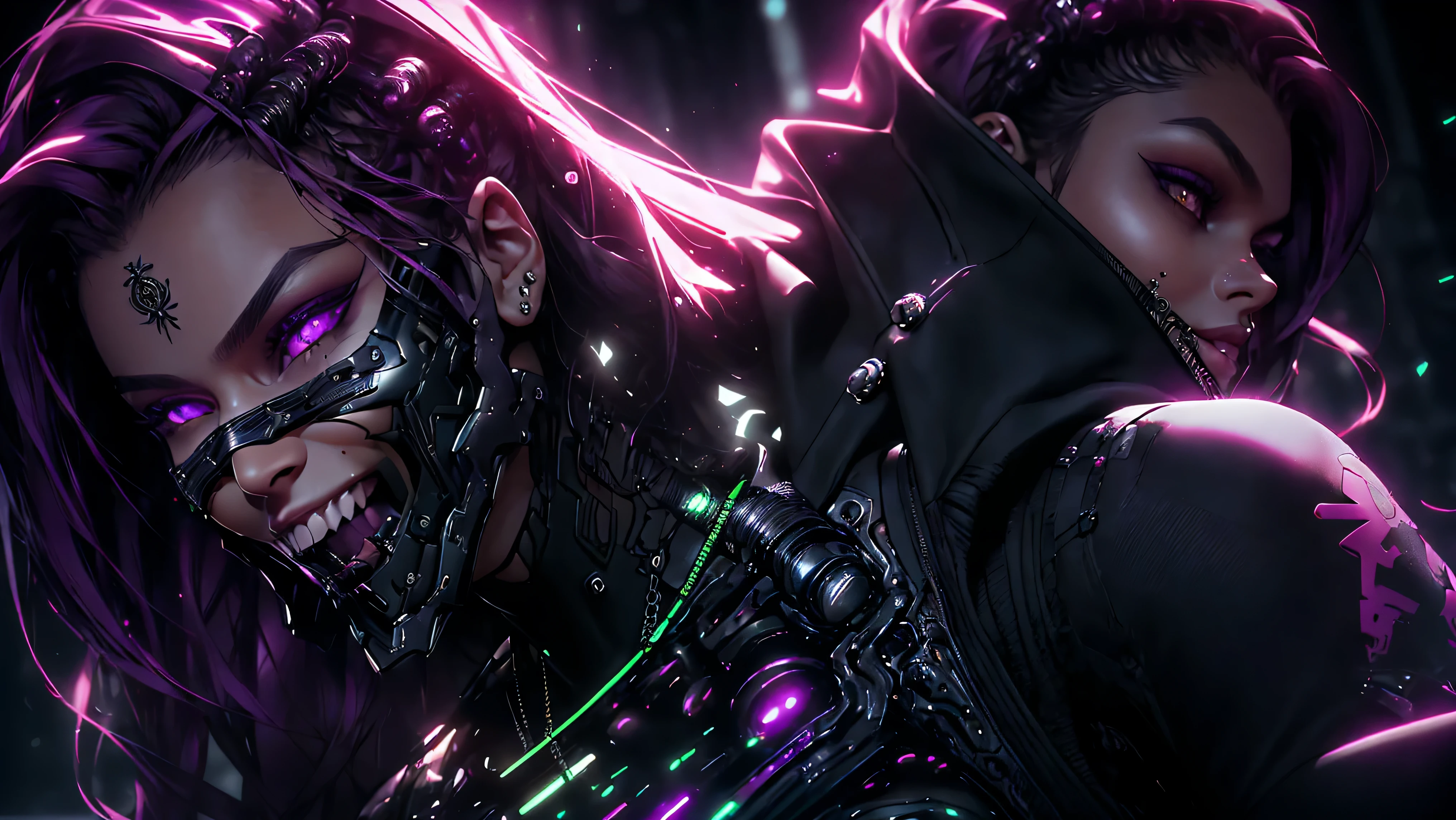 tmasterpiece, beste-Qualit, ciberpunk: Evil Magnificent Goddess, Very large purple eyes, large natural breast, Highly detailed face, Highly detailed eyes, Symmetrical Face, Very Very Long Purple Hair, Hair Jewelry, Cyber Jaw, (fangs:1.2), Lower angle, is looking at the camera, faint smile, shapely body, shapely thighs, 1/2 body crop, hyper realistic, dynamicpose, (photorealestic:1.4), (intricate detials:0.9), cyberpunk 2077, dramatic lighting, photo realism, Ultra Detailed, cienatic look, Soothing tones, Contour illumination,