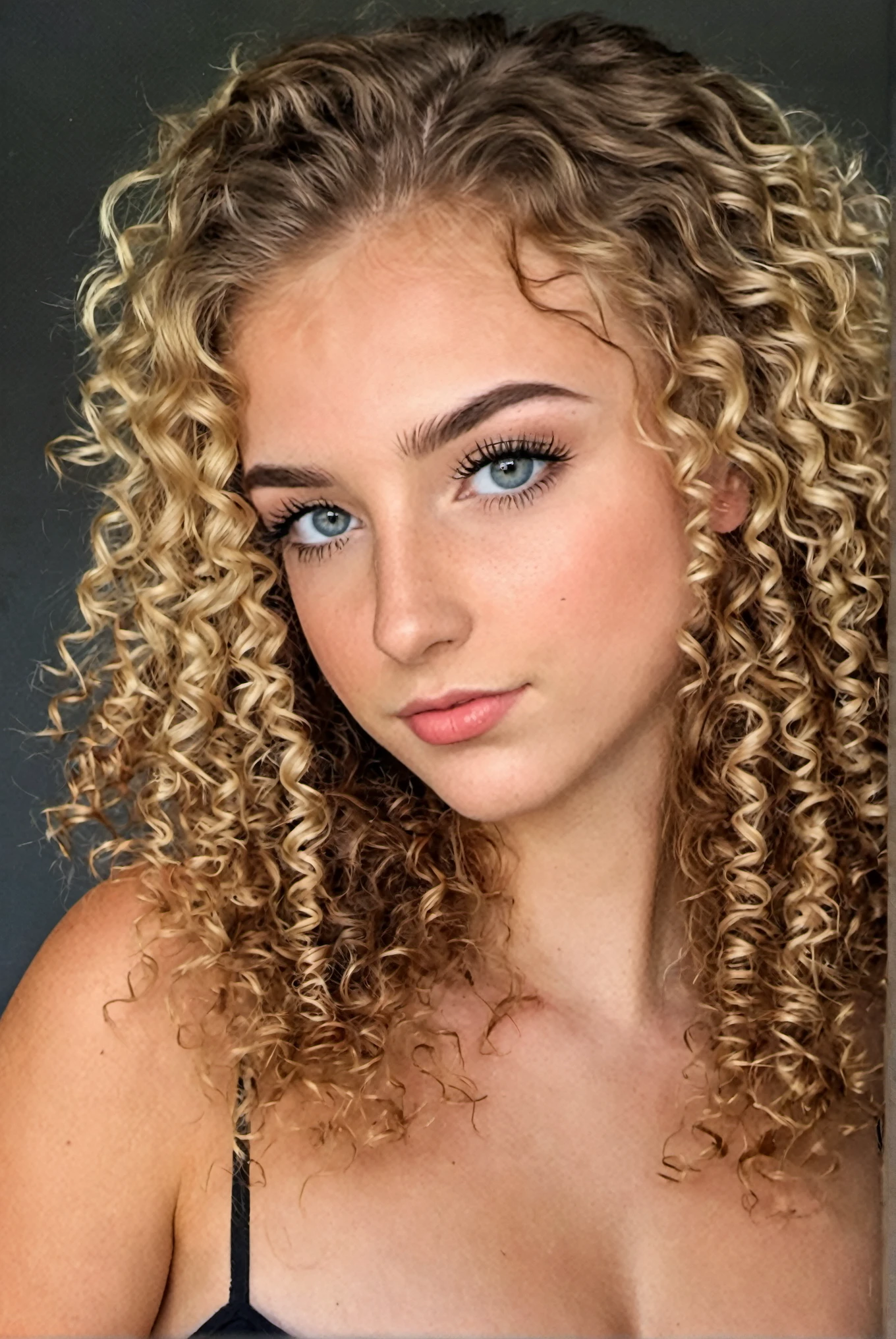 fille blonde 21 ans, taches de rousseurs, cheveux curly, boucle bonde, qualité de la photo, Realistic, mignonne, jeune, yeux verts, beau seins dans une robe noir, vue de face haute qualité, soft lighting, coucher de soleil