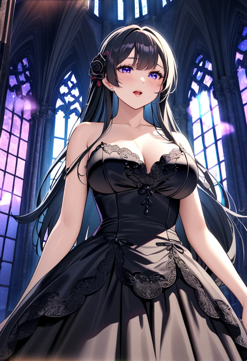 顶级animation质量，animation，HD，1080P，solo，a woman，extremely detailed hair and eyes，messy hair with neat bang，only wears black Wedding dress，Inside the church，Gothic style decoration，[at night]，background blur，sexy feeling，(dark feeling)，Ray tracing，(bleak)