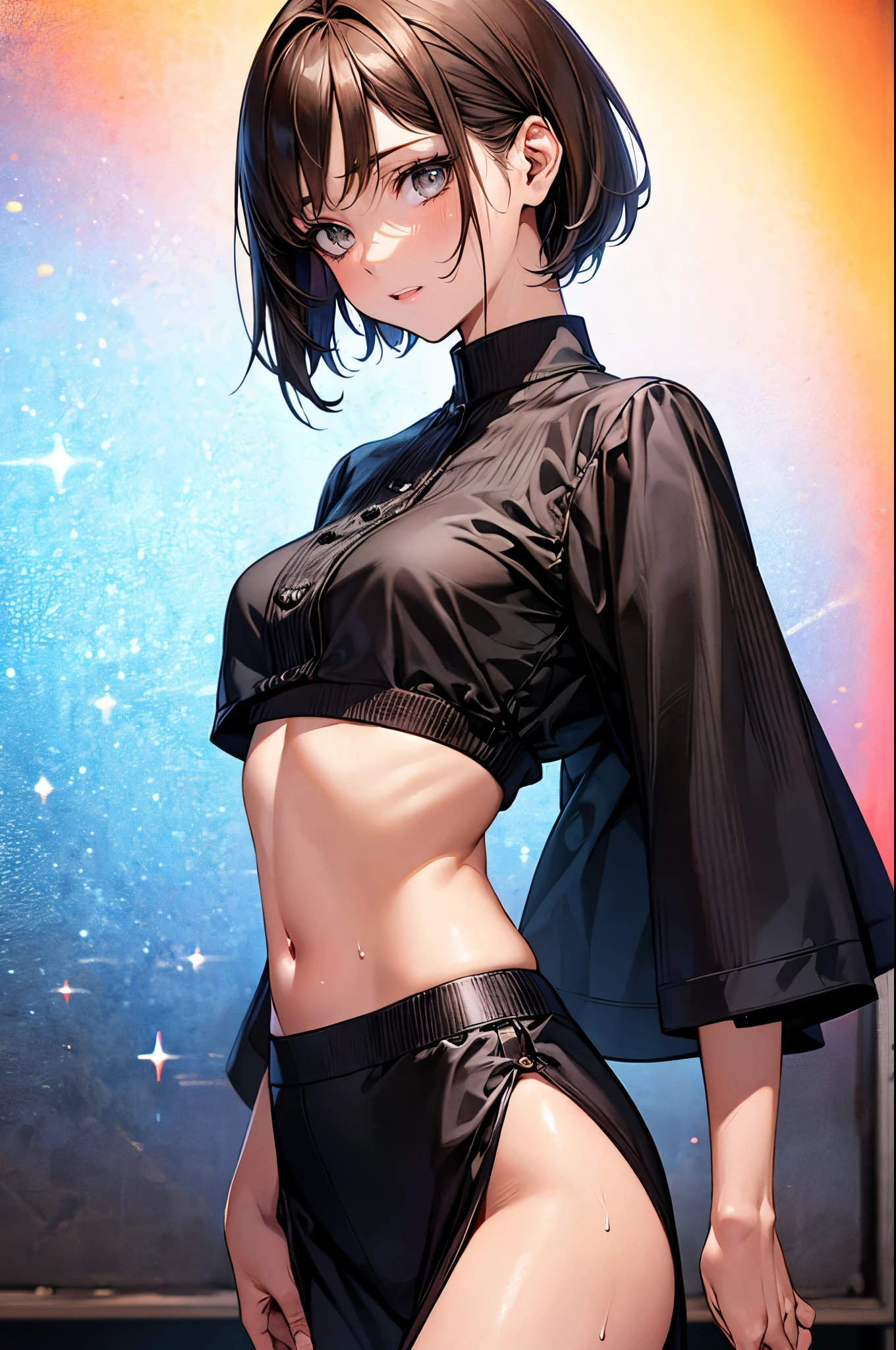 ((perfect anatomy:1.5,realistic:1.3,RAW Photography:1.3,masterpiece、highest quality、Ultra - High resolution、High resolution、Highly detailed CG、8K)),cowboy shot,1 female,solo,K-pop idol,18-year-old、High school girl beautiful girl,Japanese,((beautiful detailed face and eyes:1.2,big gorgeous eyes:1.2,gray eyes)),dark brown hair,short bob hair,bangs,medium breasts,slender body,small head:1.3,skinny,(oily skin,gleaming skin,shiny skin、sweat,navel),dancing,HIPHOP fashion、stage、Harajuku、Tokyo、
