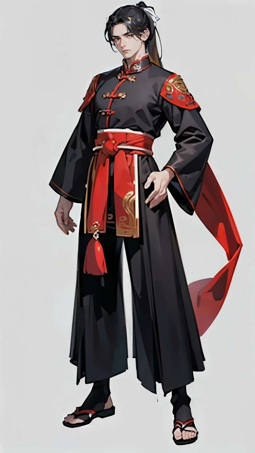 ((masterpiece,best quality,8k,highres)),((character concept art)), 1 male, adult man, warrior, 185 cm height, long straight hair, straight ponytail, curtain hair bangs (black hair colour), ultra finely detailed eyes (white eyes colour), extraordinary handsome, charming, serious face, perfect body shape ((muscular)), ((intricate detail)), super finely detailed hands, ultra finely detailed fingers(((ten fingers))), (chinese traditional outfit),(black colour outfit), (standing still), (full body showcase), (show full body), (no logos on background), (no logo), ((plain background)), ((empty hands)), ((plain background)), (((empty background)))