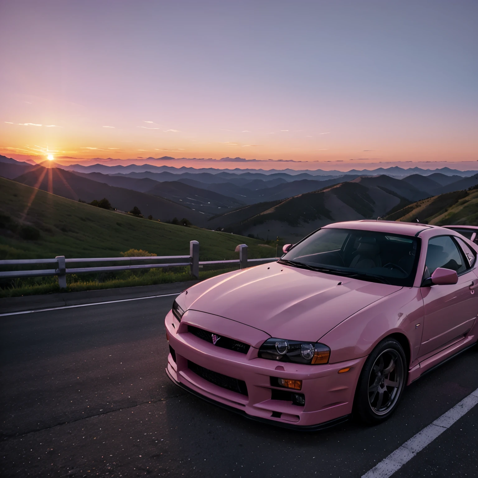 Pink purple sunset on top of two mountain and a R34 skyline on highway