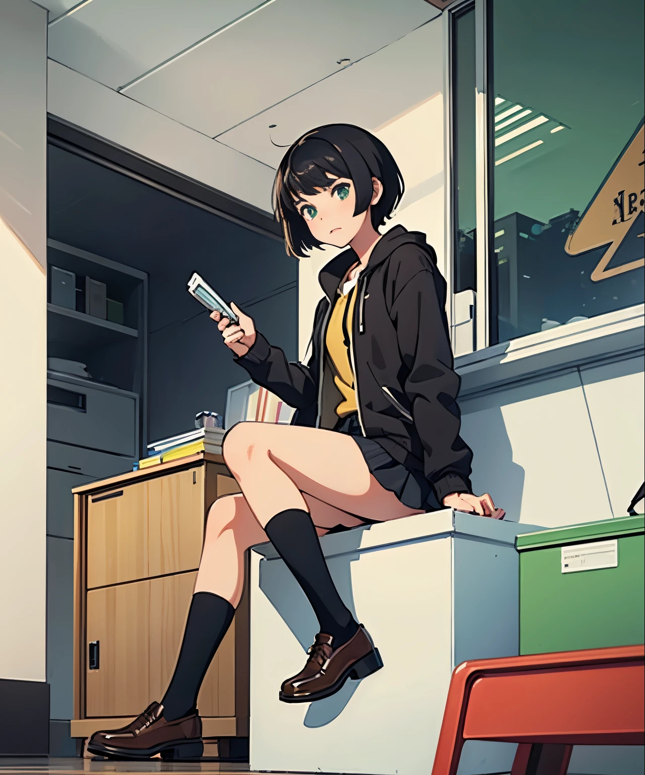 1girl, high school student, winter high , bare legs, black socks, brown shoes, jet black hair, short hair, green eyes, age 16-18, solo, solo focus,
