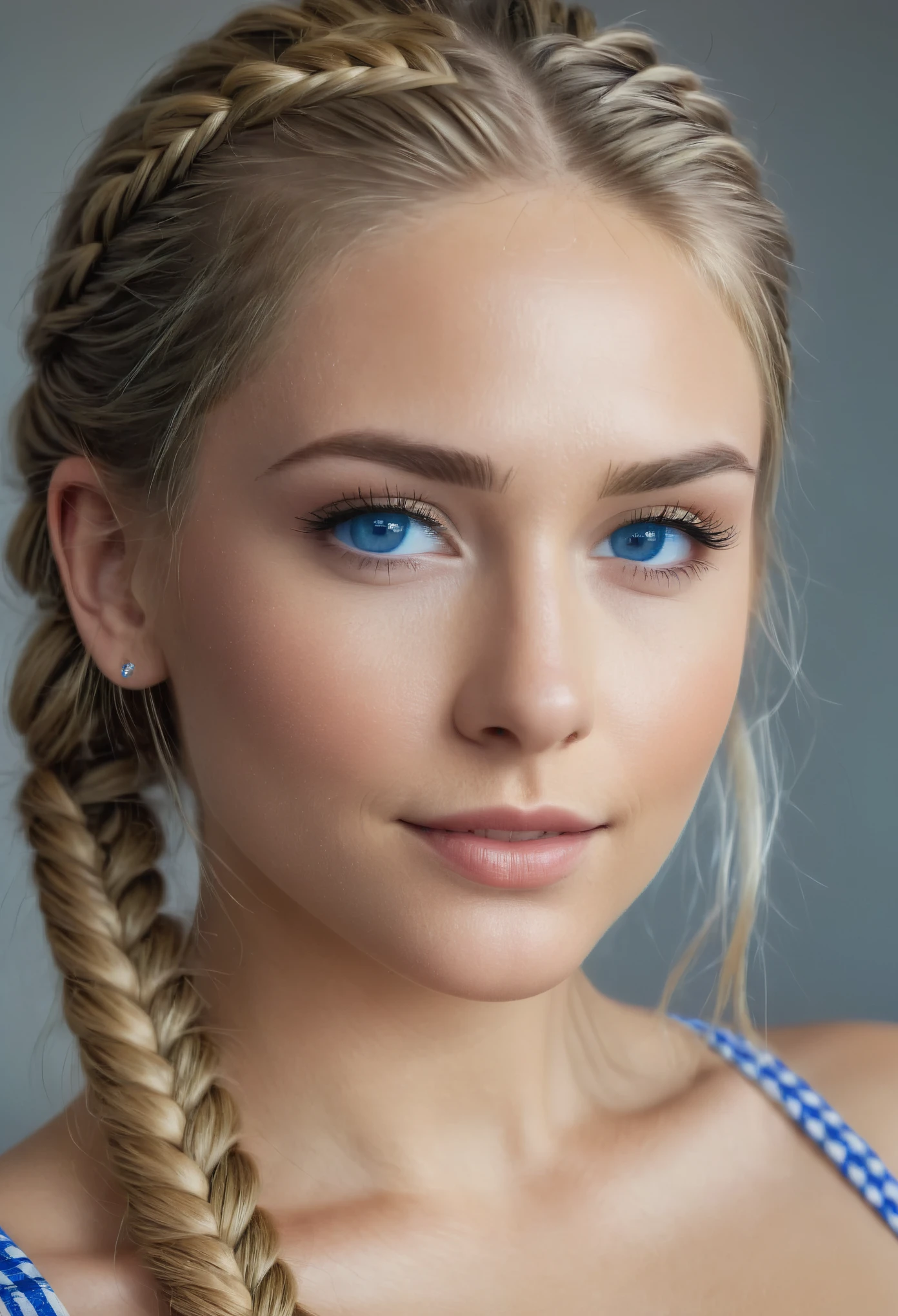a gorgeous woman, blonde hair in French braids. she's a men magazine model, She has a subtle white smile and flirts with the camera with her iconic blue eyes, Hasselblad, textured skin, super detail, high details, anatomically correct, 4k