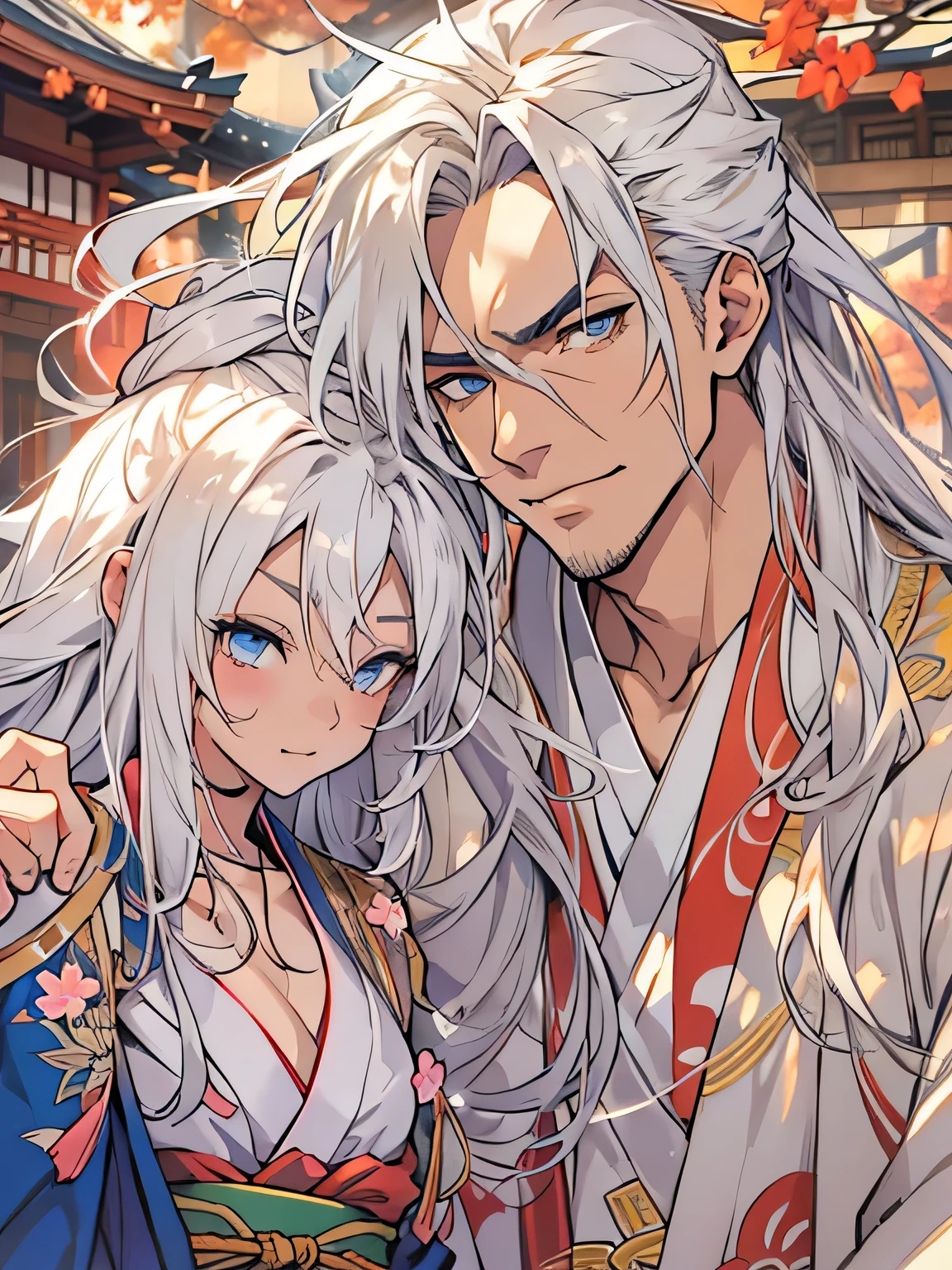 Handsome male. white hair. Long hair. Kimono, Arrogant expression. Bara. Tan skin. Tan skin on man, 9 ft tall. Mischievous. Sinister. Muscular body. Japanese temple, Silky hair. Blue eyes, white eyebrows, female, couple, 1boy, 1girl, cleavage, beautiful, perfect body, looking at each other, holding close, kissing