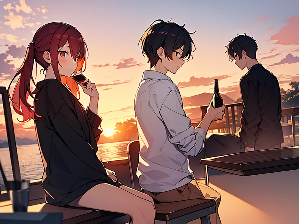 (masterpiece:1.3), (High resolution), (8K), (very detailed), 2boy, 2young people, backwards, Sunset in the backgroundの街中, backwards,turned my back, Sunset in the background, The background is the roof of the school, ベンチでsit, Bad friend and a young man with asymmetrical wine-red hair wearing sunglasses, sit and Black-haired young man sit